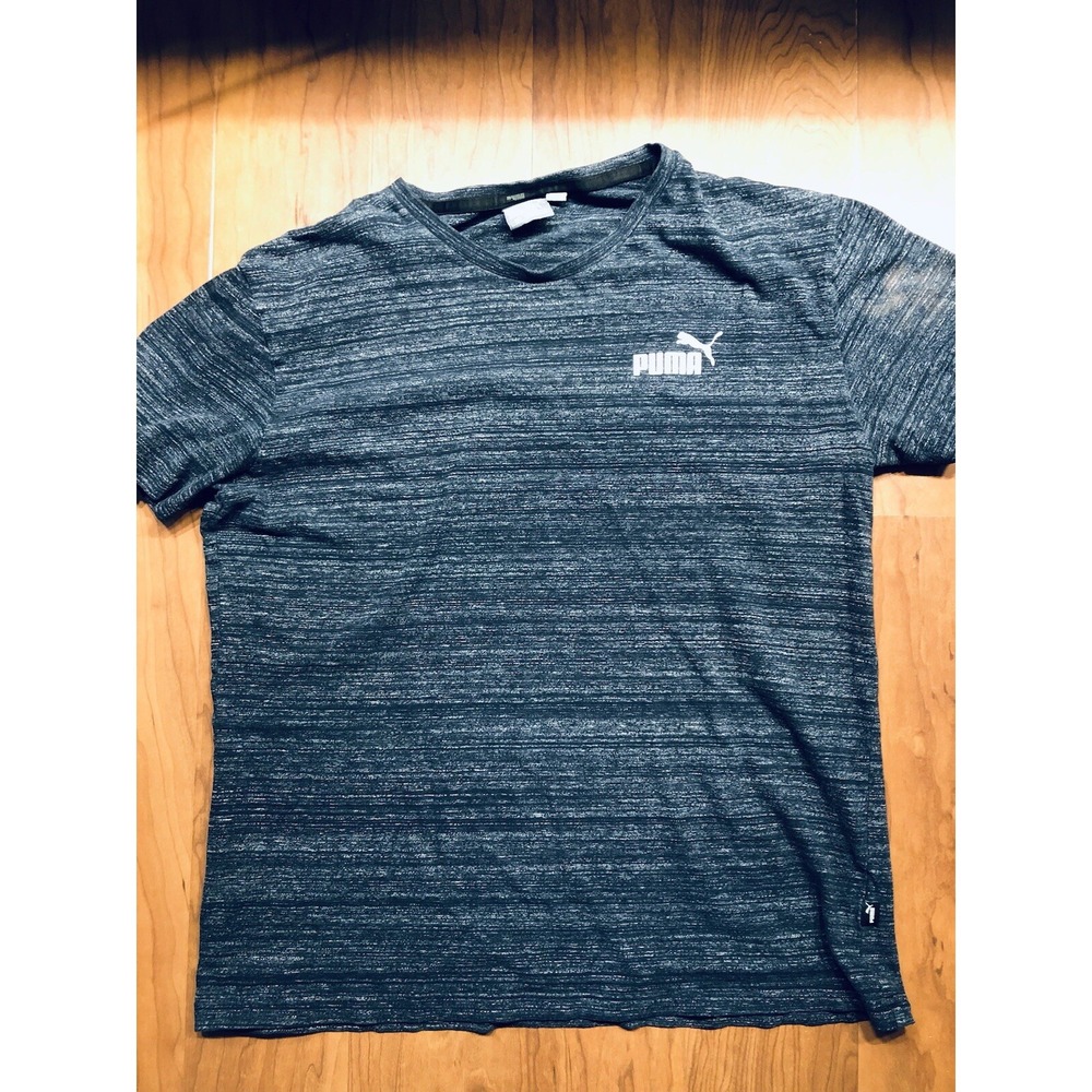 Puma Mens Medium Navy Heather Performance T Shirt White Logo Athletic Activewear